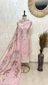 Mul Chanderi Embroidered Unstitched Suit with Floral Printed Dupatta