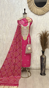 Elegant Heavy Embroidered Bandhani Russian Silk Unstitched Suit