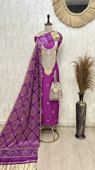 Elegant Heavy Embroidered Bandhani Russian Silk Unstitched Suit
