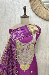 Elegant Heavy Embroidered Bandhani Russian Silk Unstitched Suit