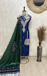 Traditional Bandhej Print Fine Embroidered Russian Silk Unstitched Suit