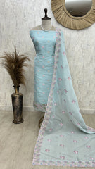 Organza Unstitched Suit Set With Thread Work Flamingo Motif