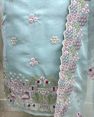 Organza Unstitched Suit Set With Thread Work Flamingo Motif