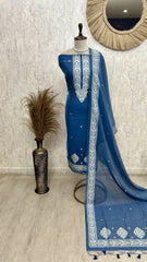 Indigo Unstitched Suit Set With Dupatta