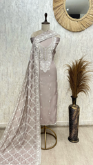 Taupe Floral Embroidered Mul chanderi Unstitched suit
