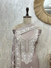 Taupe Floral Embroidered Mul chanderi Unstitched suit