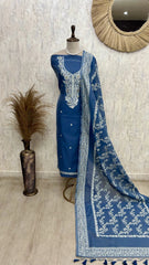 Indigo Unstitched Suit Set Featuring Zari Work On Neckline