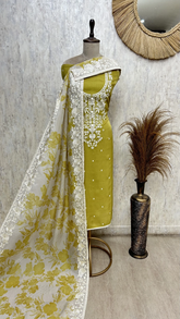 Olive Embroidered Elegance Organza Unstitched suit