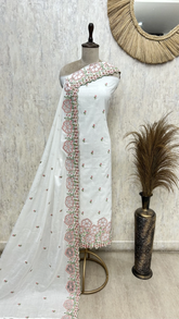 White Blossom Mul chanderi Embroidered Suit