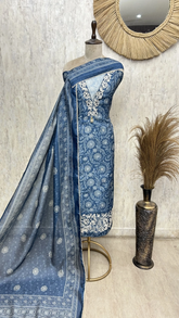 Indigo Floral Elegance linen Unstitched suit