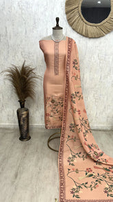 Tissue Linen Unstitched Suit Set with Bird Motif