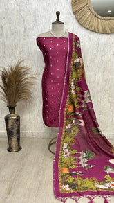 Chanderi Unstitched Suit Set With Printed Dupatta(Dark)