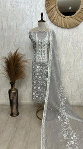 Chiffon Organza Unstitched Suit Set With Lucknowi Work