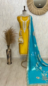 Tissue Unstitched Suit Set With Contrast Dupatta