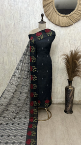 Botanical Border Linen Unstitched Suit with Graphic Wave Dupatta