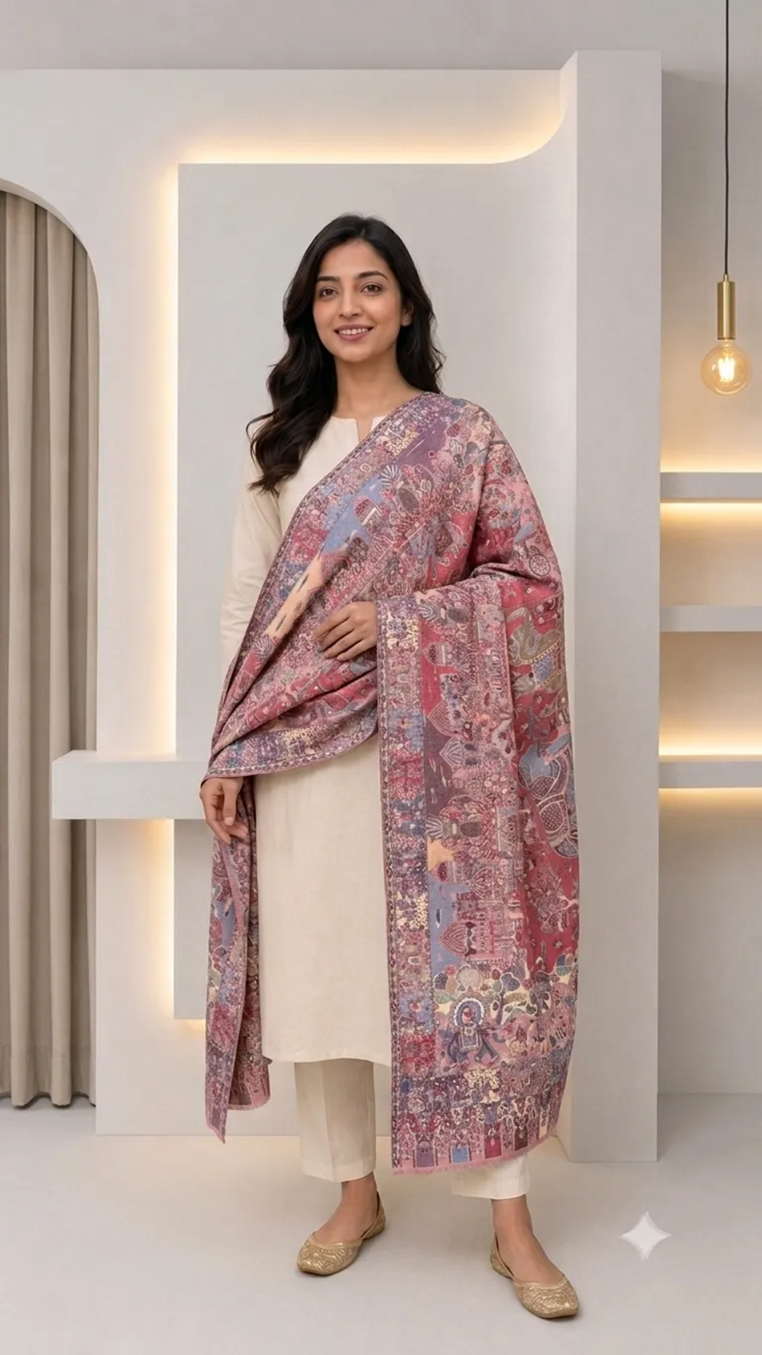Heritage Motif Non-Reversible Semi-Pashmina Stole - Pack of 1 With Premium  Curated Box Packaging