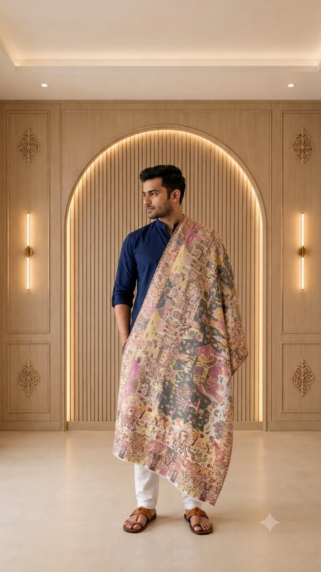 Heritage Motif Non-Reversible Semi-Pashmina Stole - Pack of 1 With Premium  Curated Box Packaging