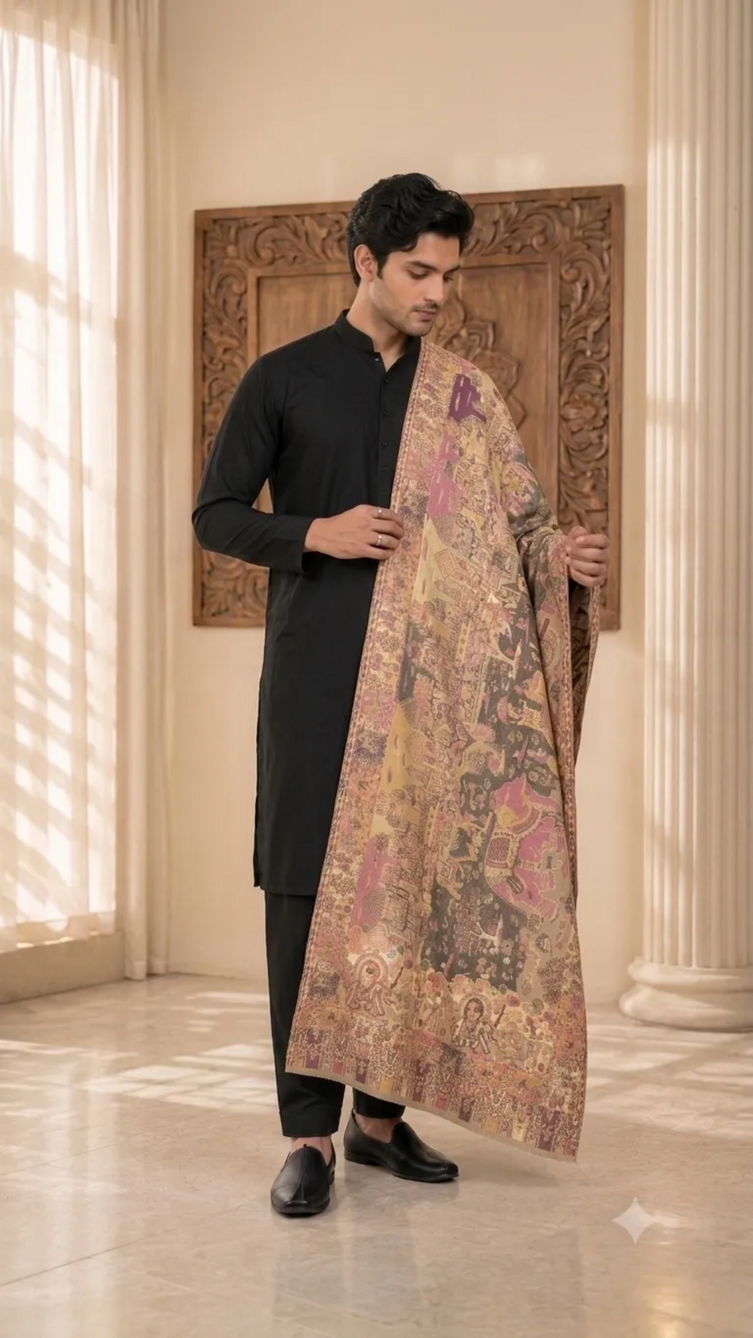 Heritage Motif Non-Reversible Semi-Pashmina Stole - Pack of 1 With Premium  Curated Box Packaging