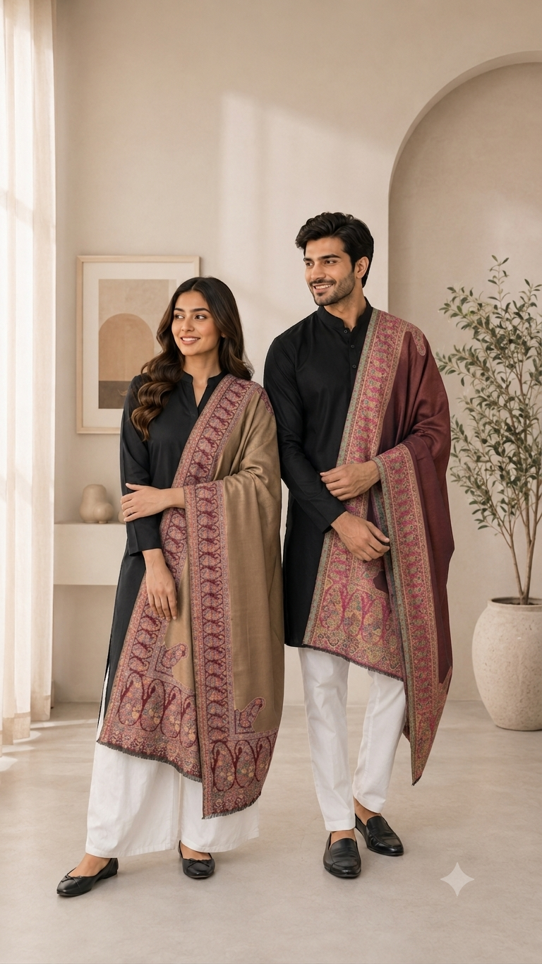 Reversible Semi Pashmina Unisex Shawls - Pack of 1 With Premium  Curated Box Packaging