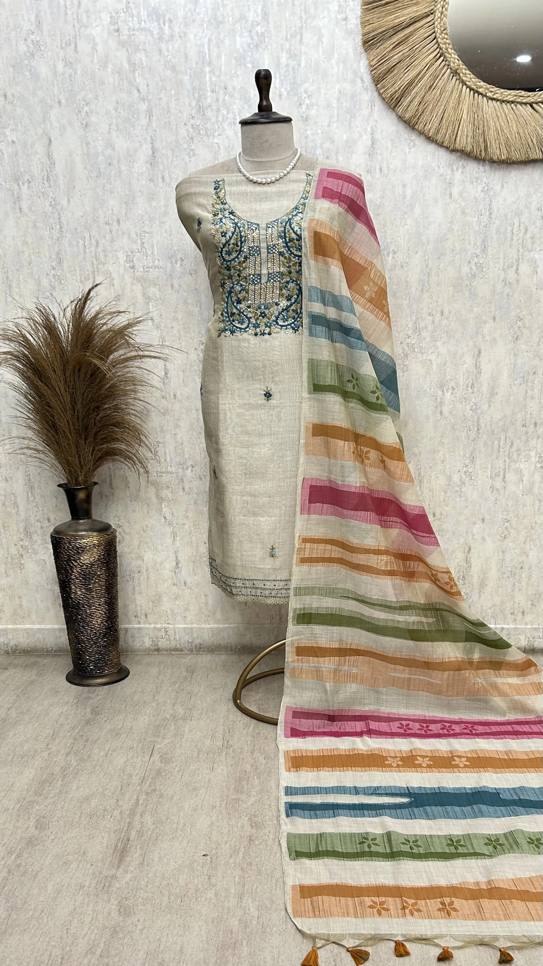 Graceful Dot Design Jamdani linen Unstitched Suit