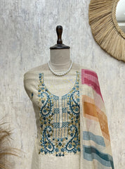 Graceful Dot Design Jamdani linen Unstitched Suit