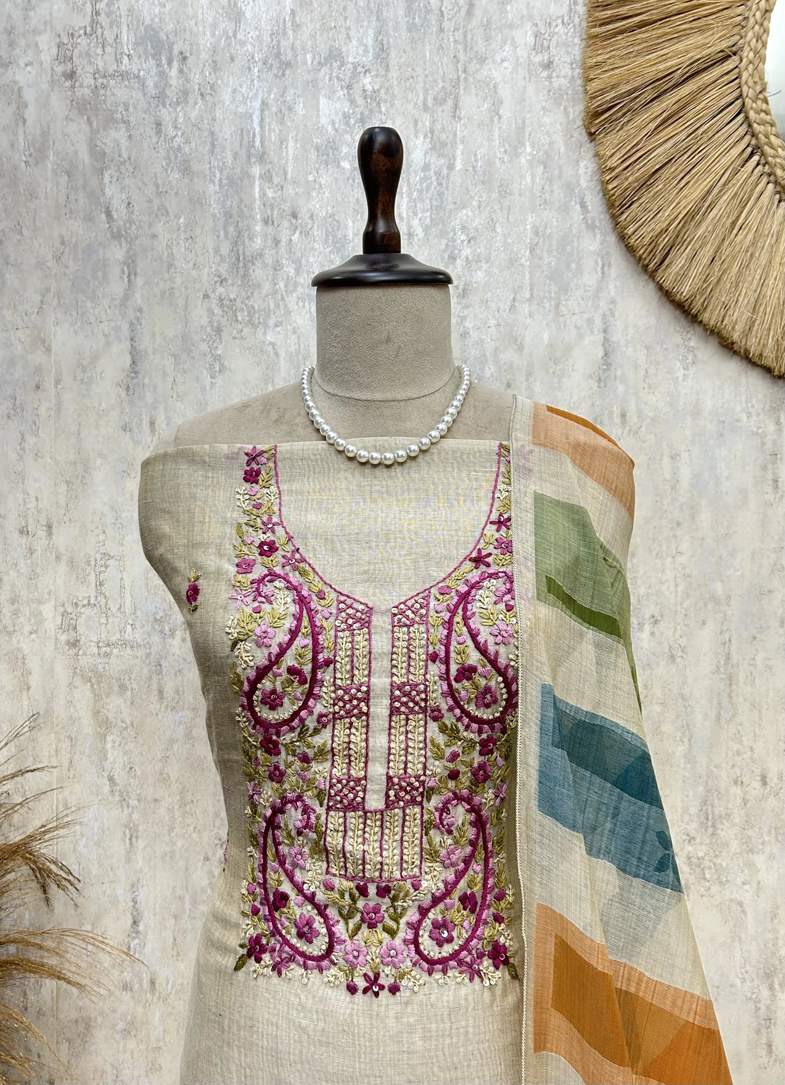 Graceful Dot Design Jamdani linen Unstitched Suit