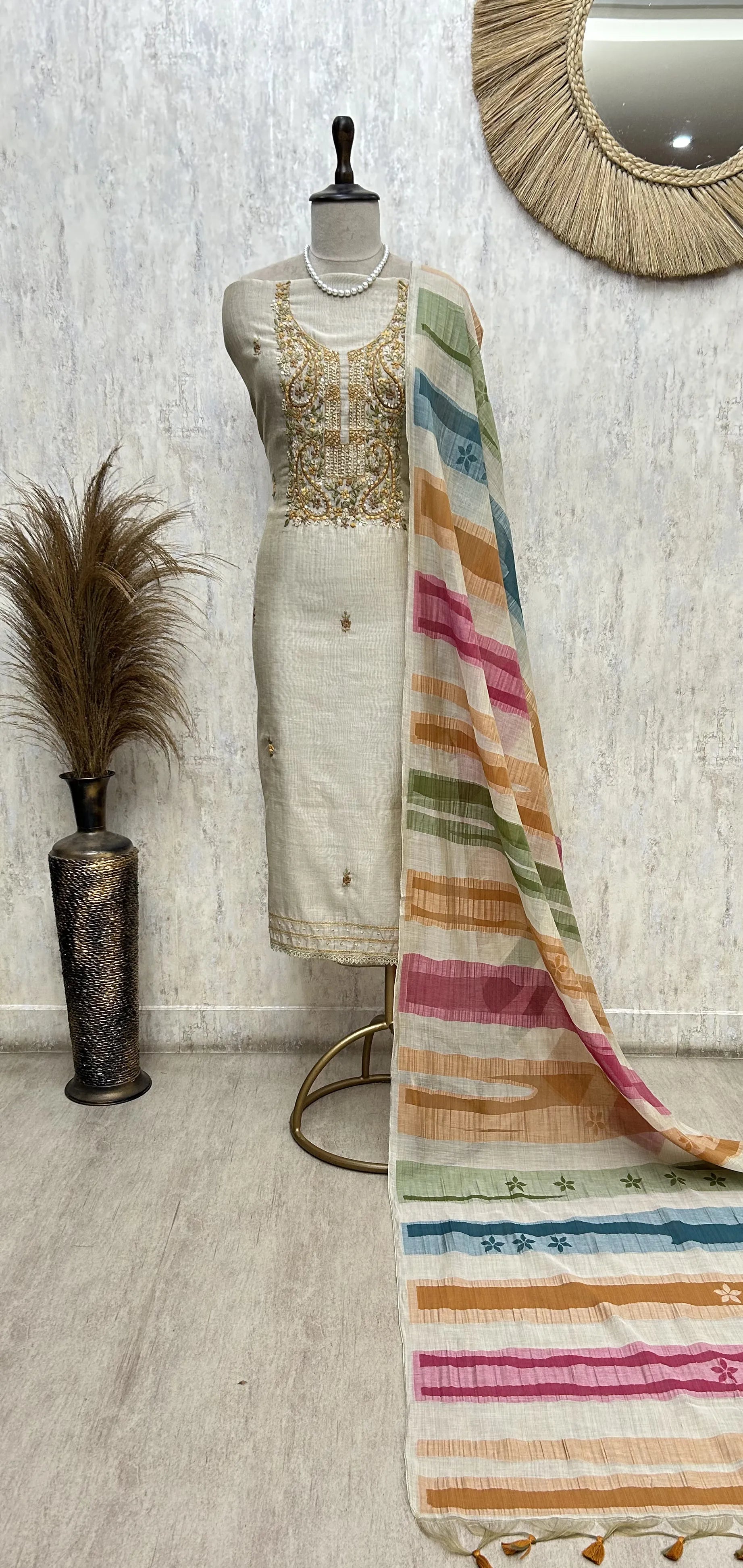 Graceful Dot Design Jamdani linen Unstitched Suit