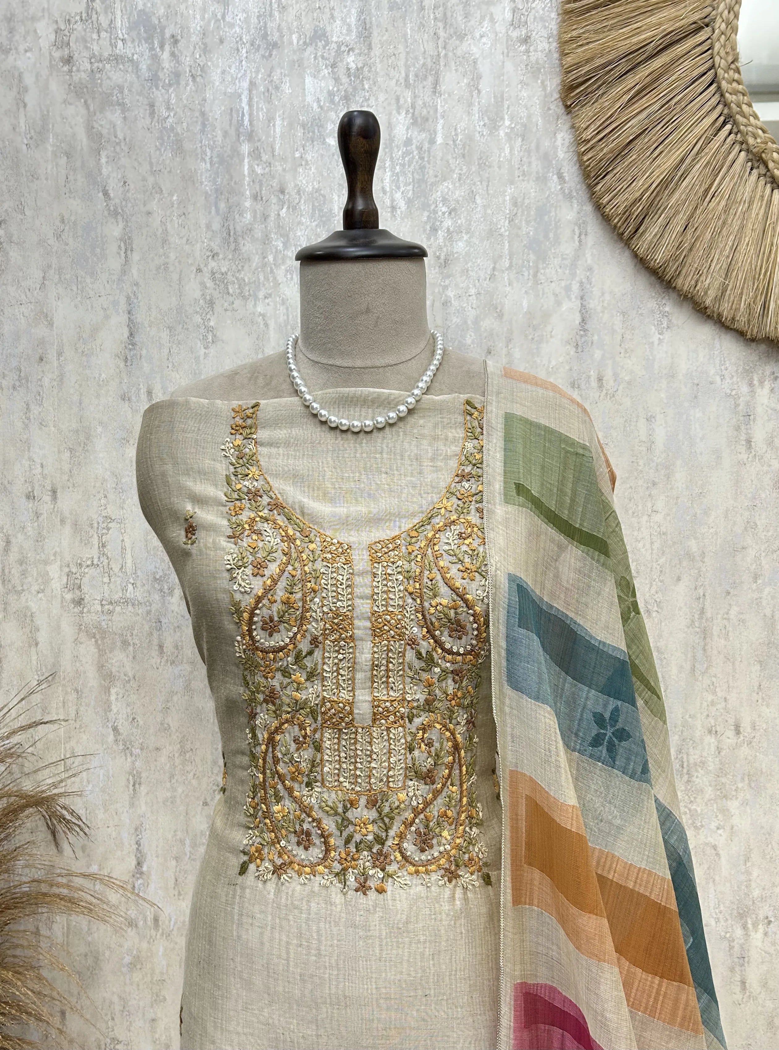 Graceful Dot Design Jamdani linen Unstitched Suit