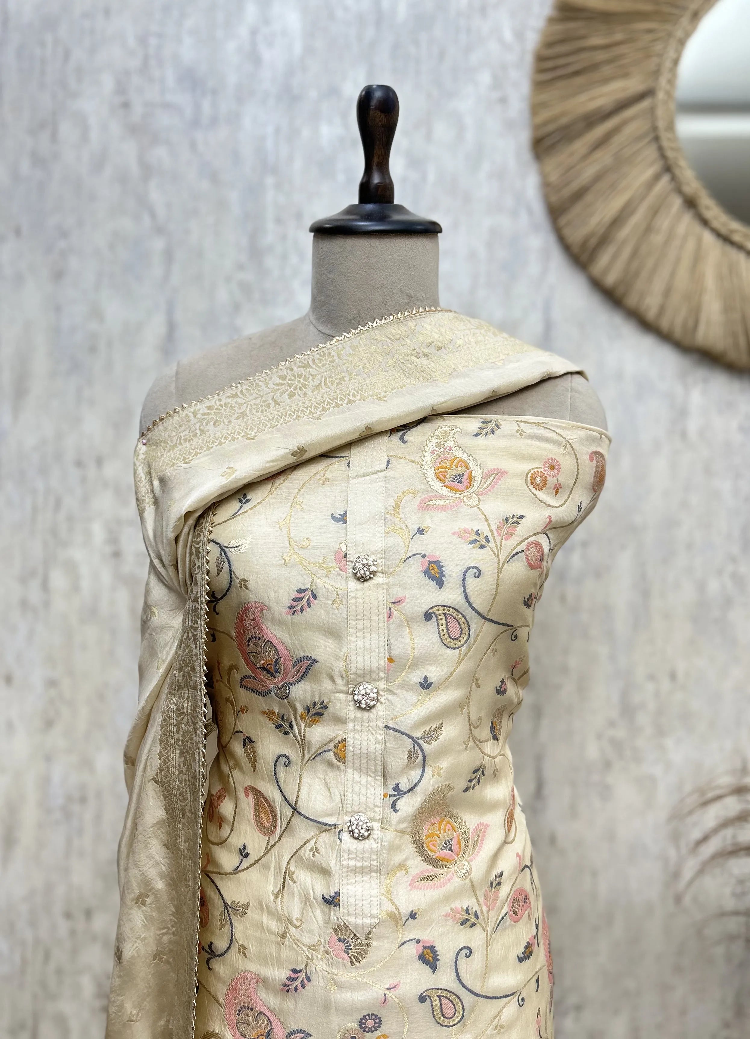 Aqua Floral Heritage Dola silk Unstitched Suit