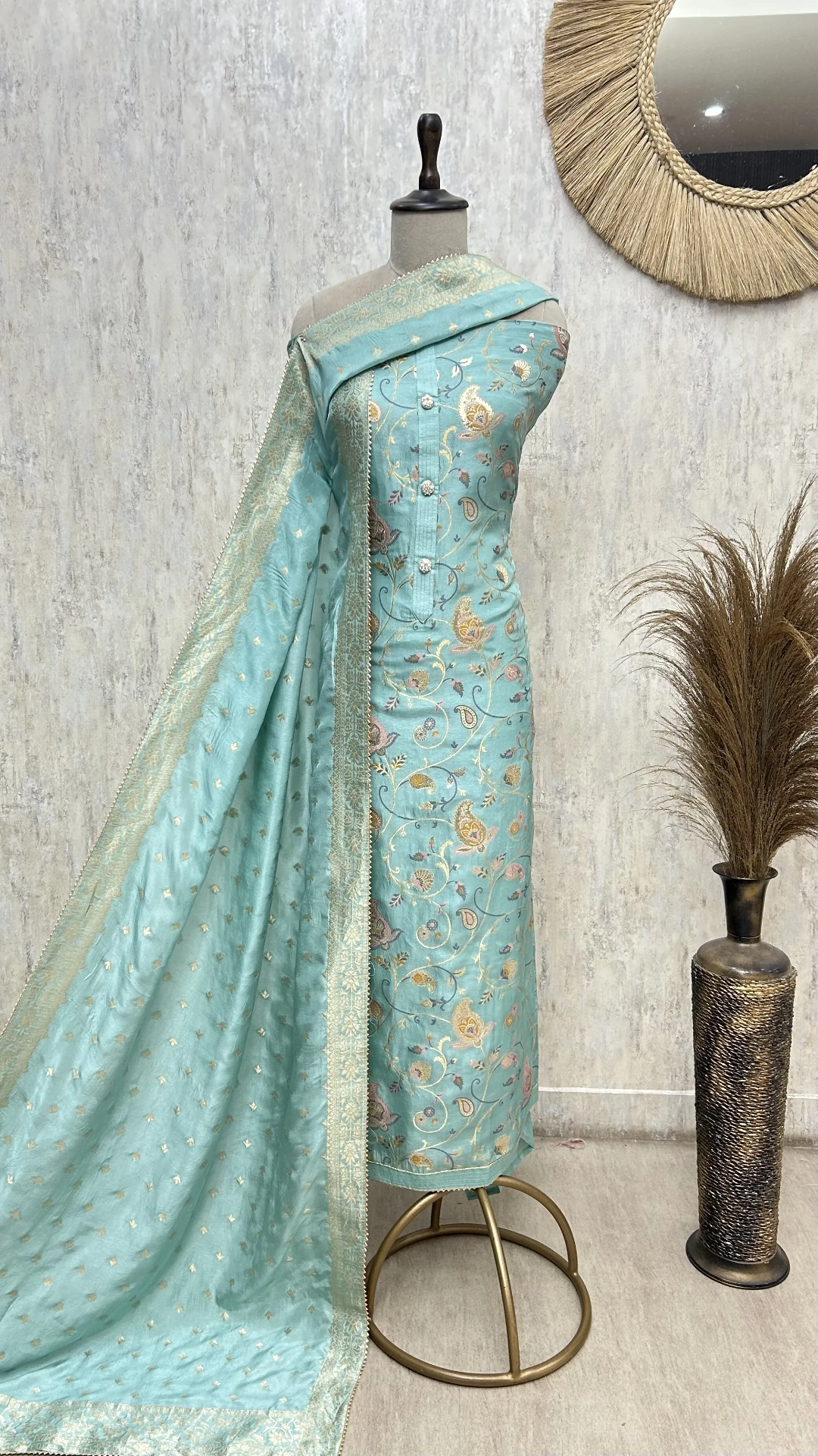 Aqua Floral Heritage Dola silk Unstitched Suit