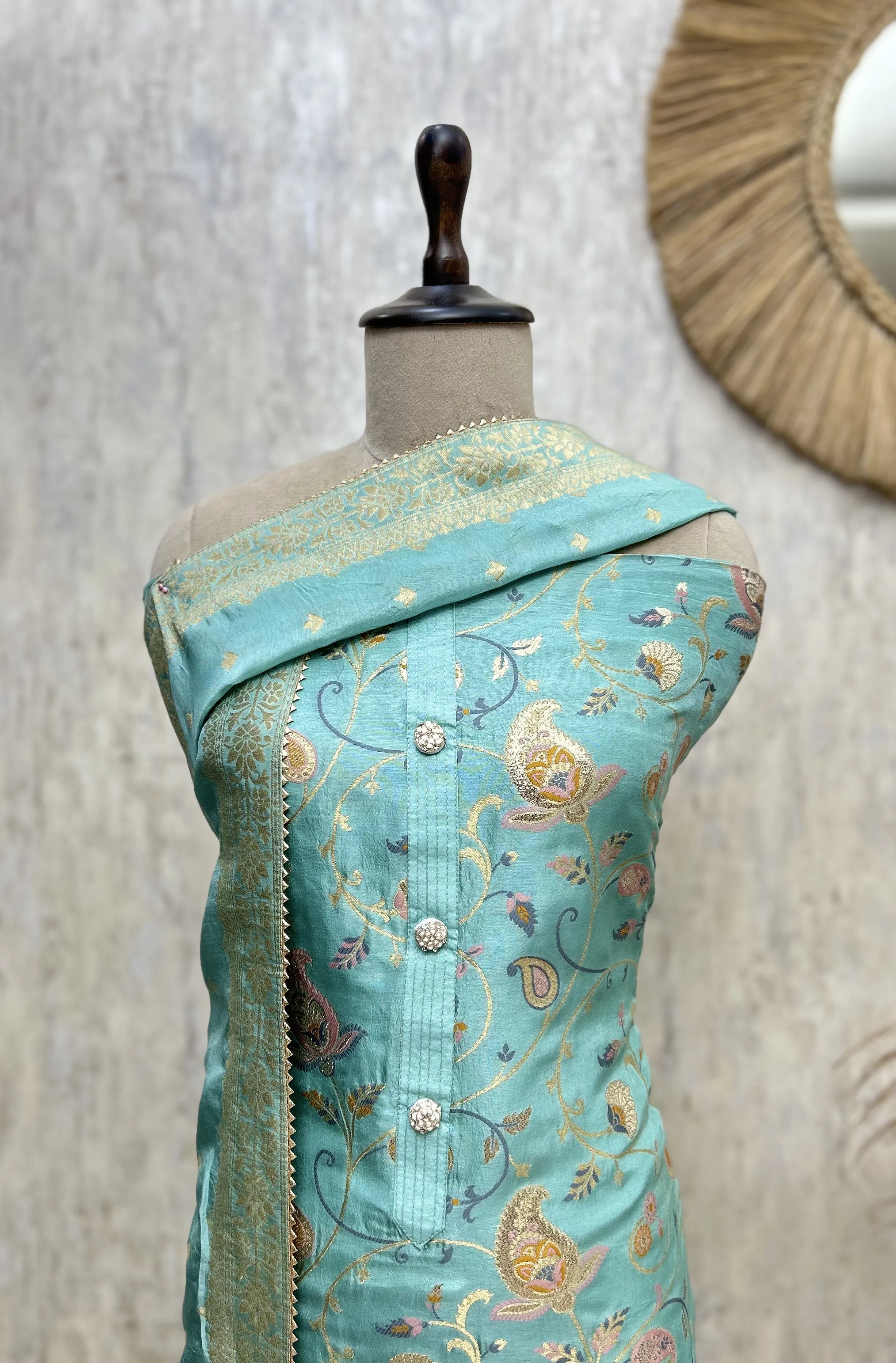 Aqua Floral Heritage Dola silk Unstitched Suit