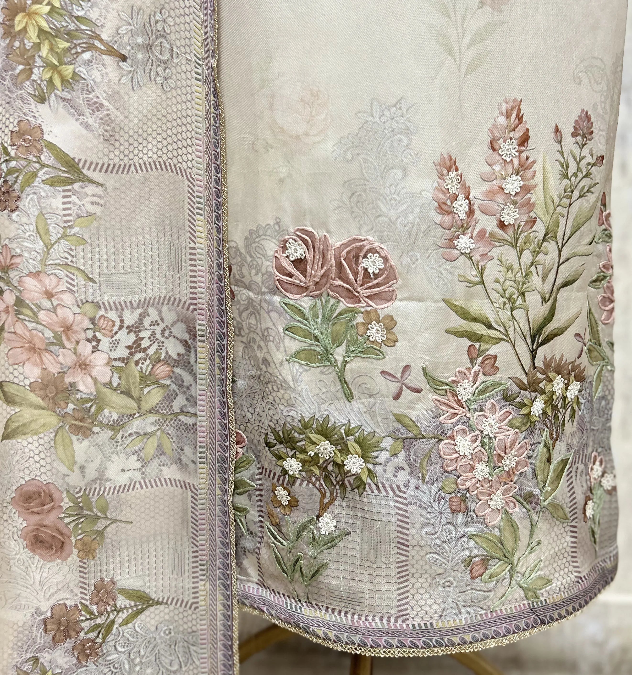 Ethereal Floral Twill Organza Unstitched Suit
