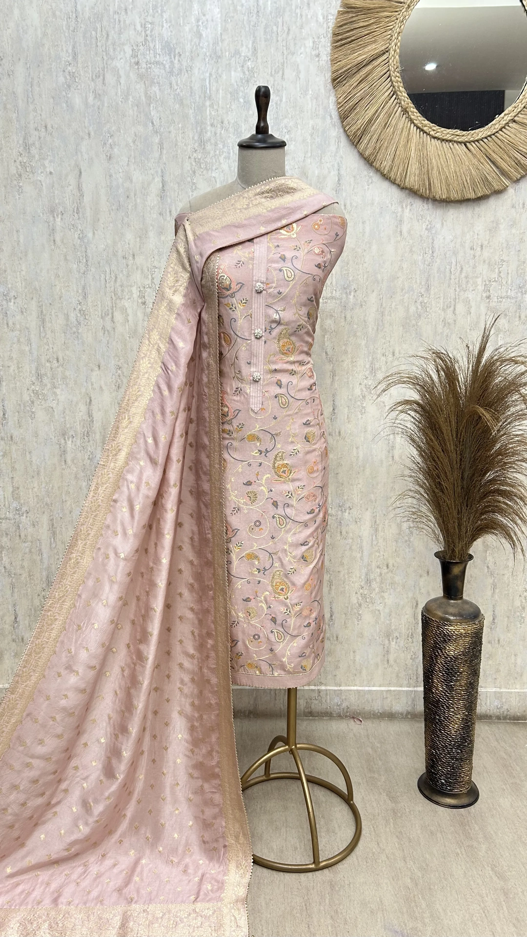 Aqua Floral Heritage Dola silk Unstitched Suit