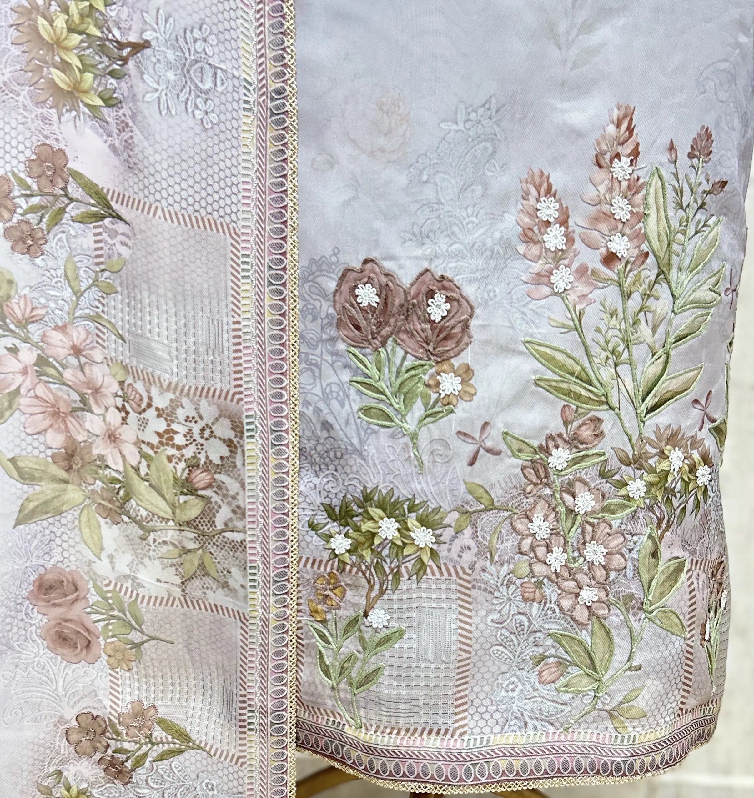 Ethereal Floral Twill Organza Unstitched Suit