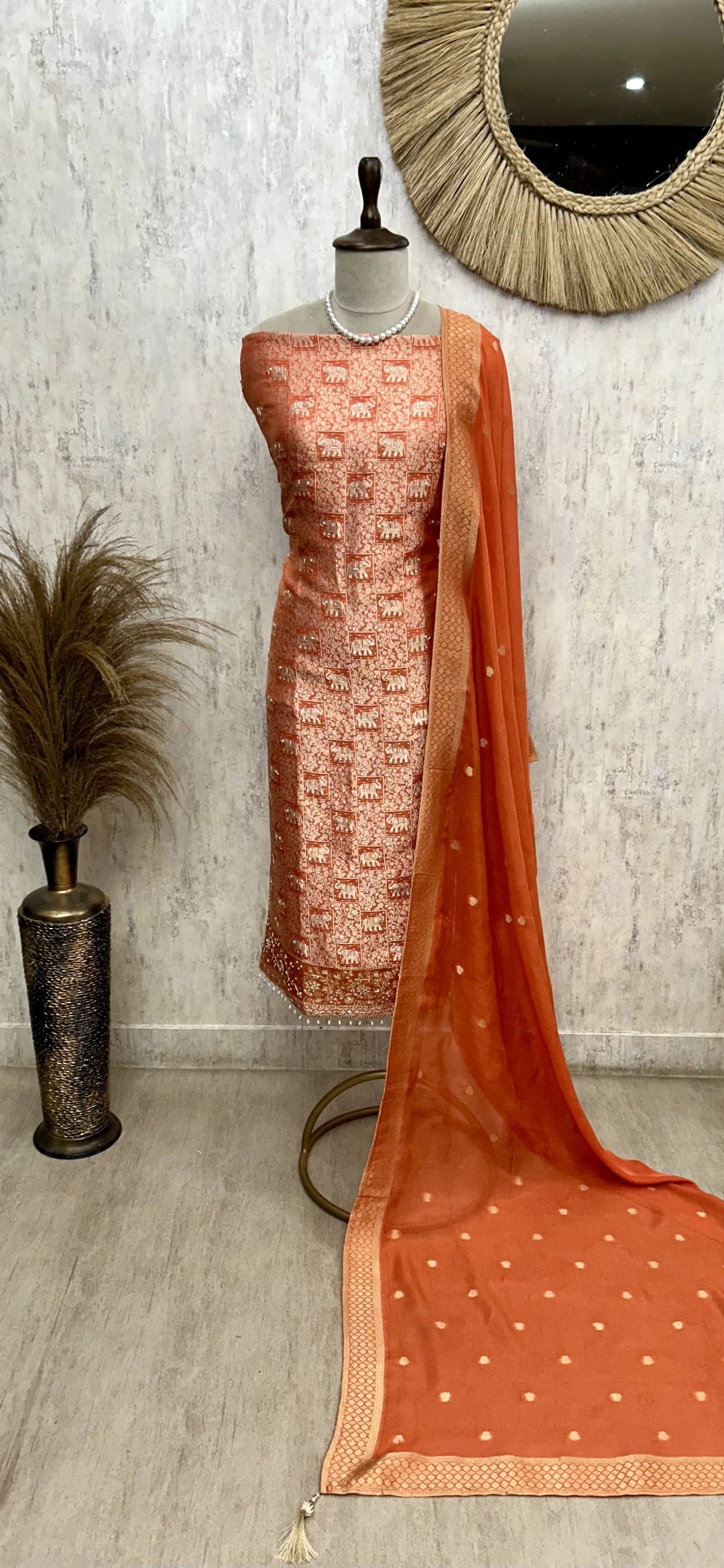 Brocade Silk Unstitched Suit Set Featuring Organza Dupatta