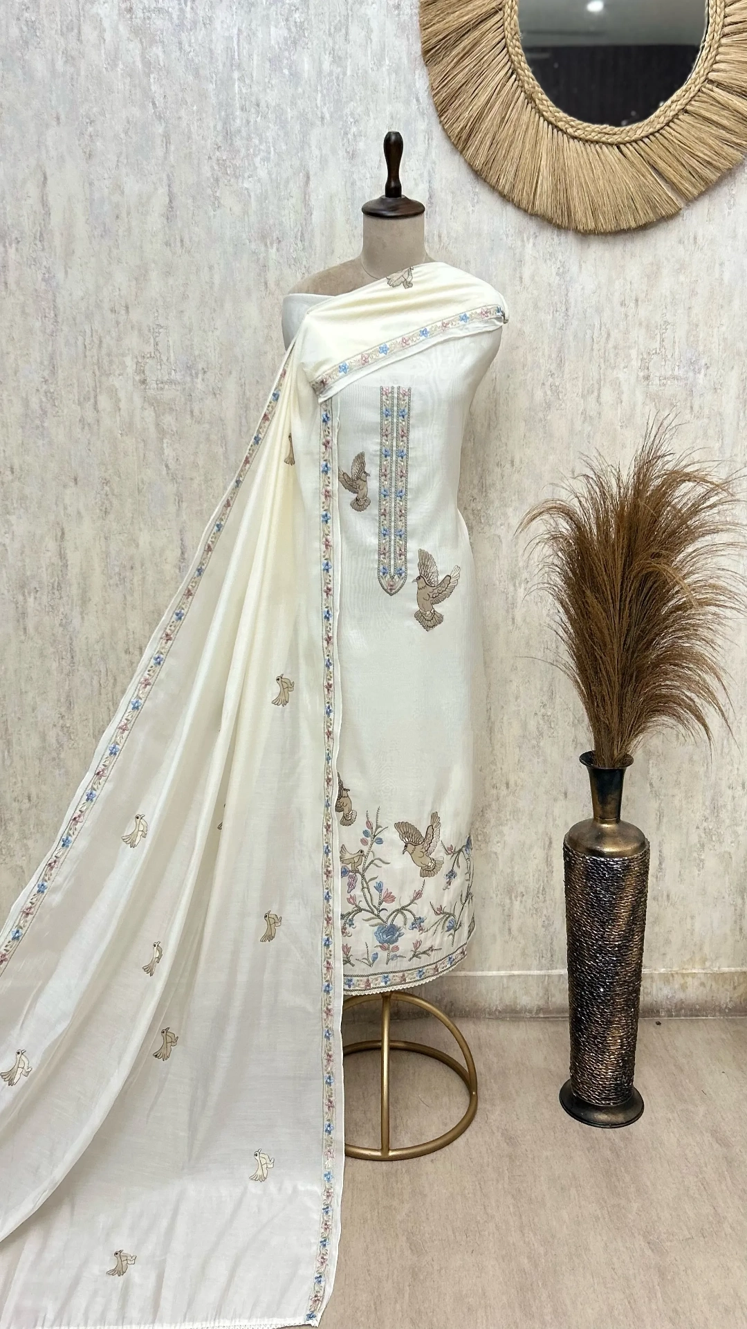 Avian Blossom Mul Chanderi Unstitched Suit