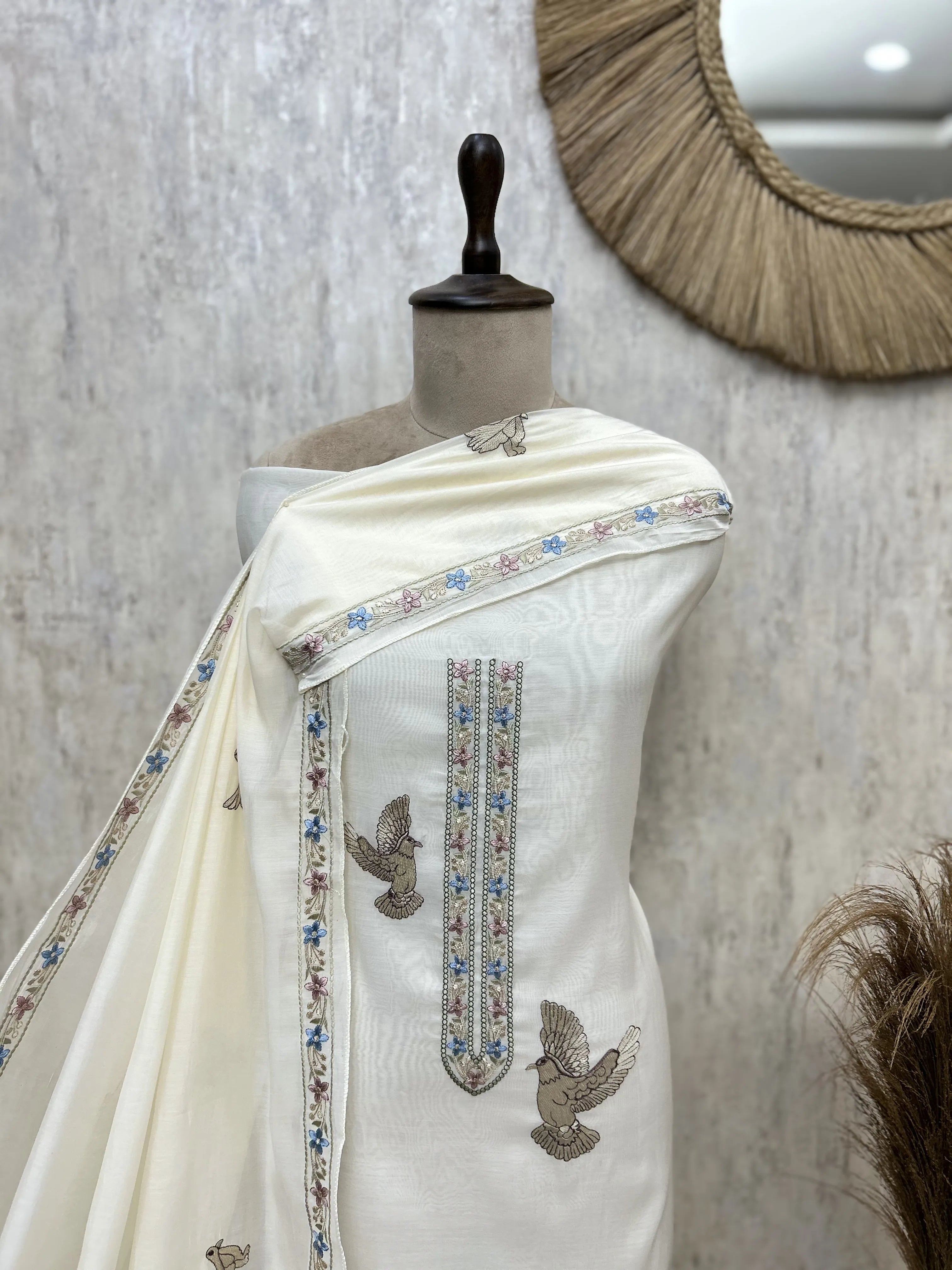 Avian Blossom Mul Chanderi Unstitched Suit