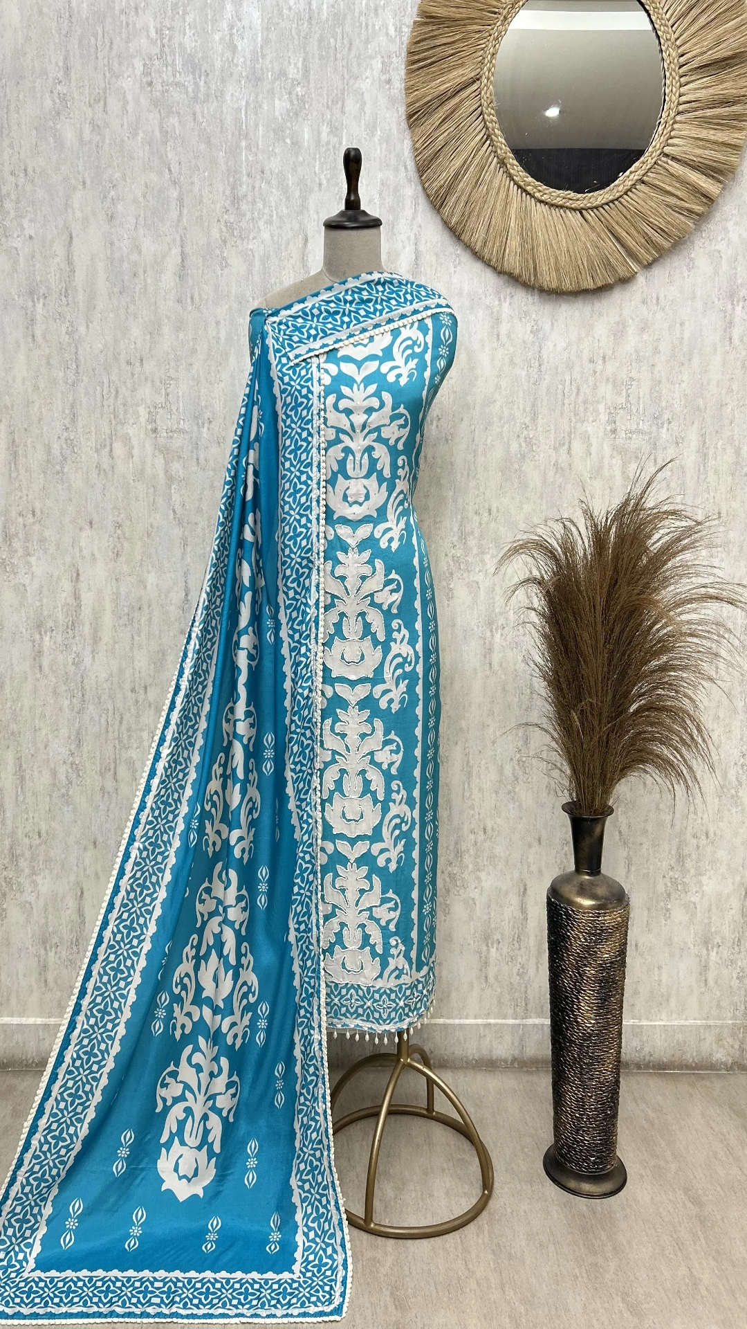 Turquoise Floral Elegance Muslin Unstitched Suit