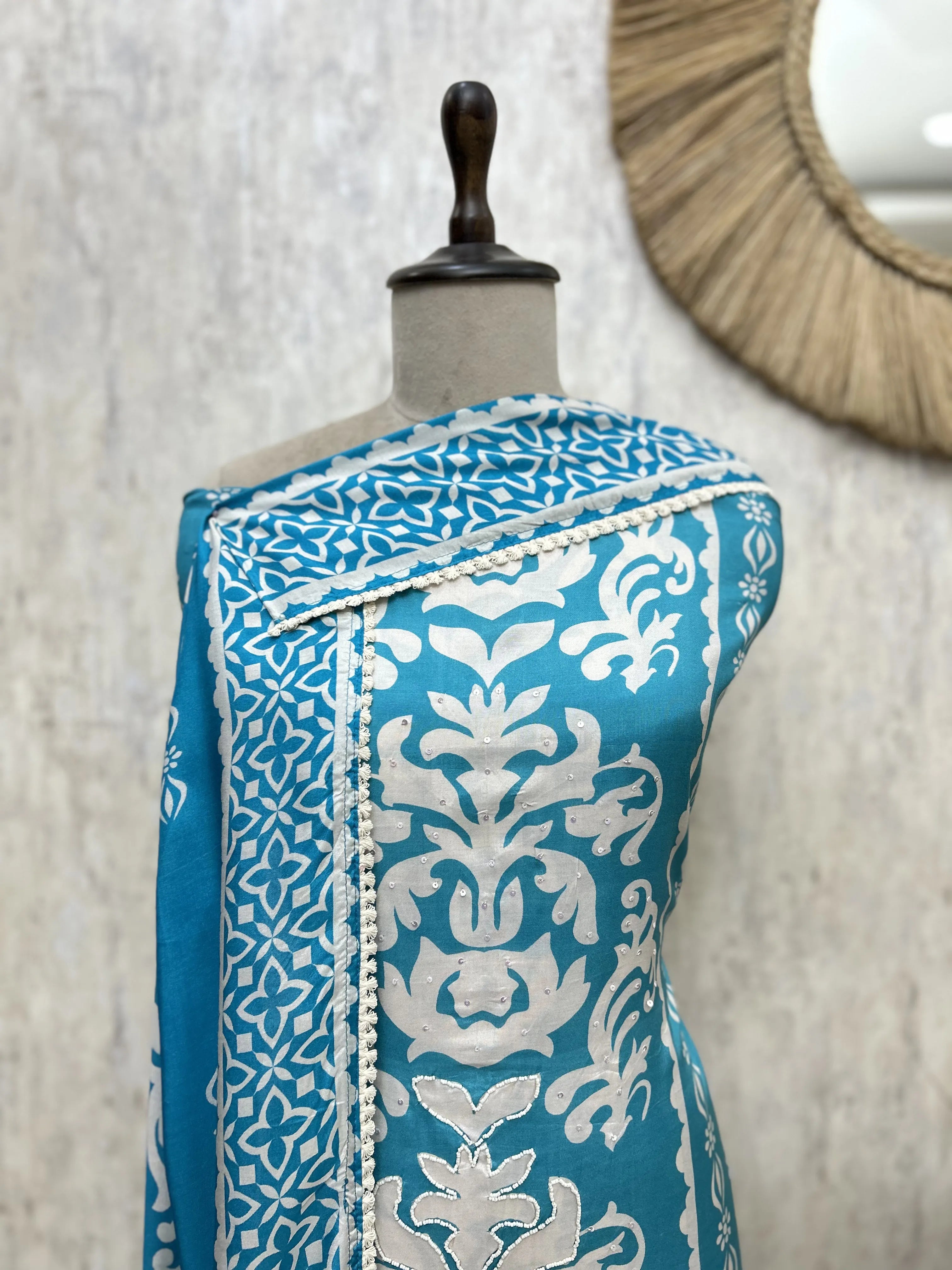 Turquoise Floral Elegance Muslin Unstitched Suit