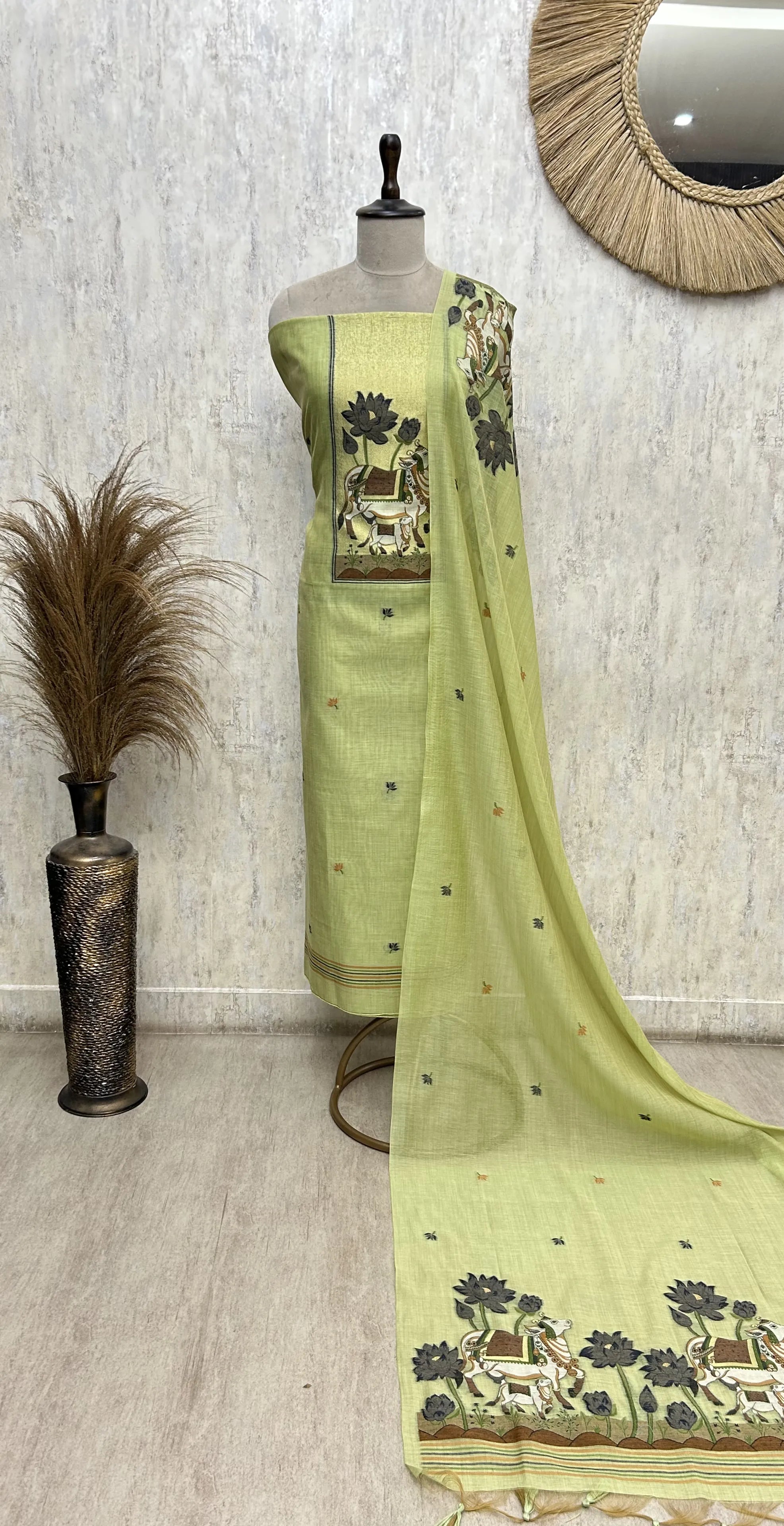 Ethereal Sage Elegance jamdani linen Unstitched Suit