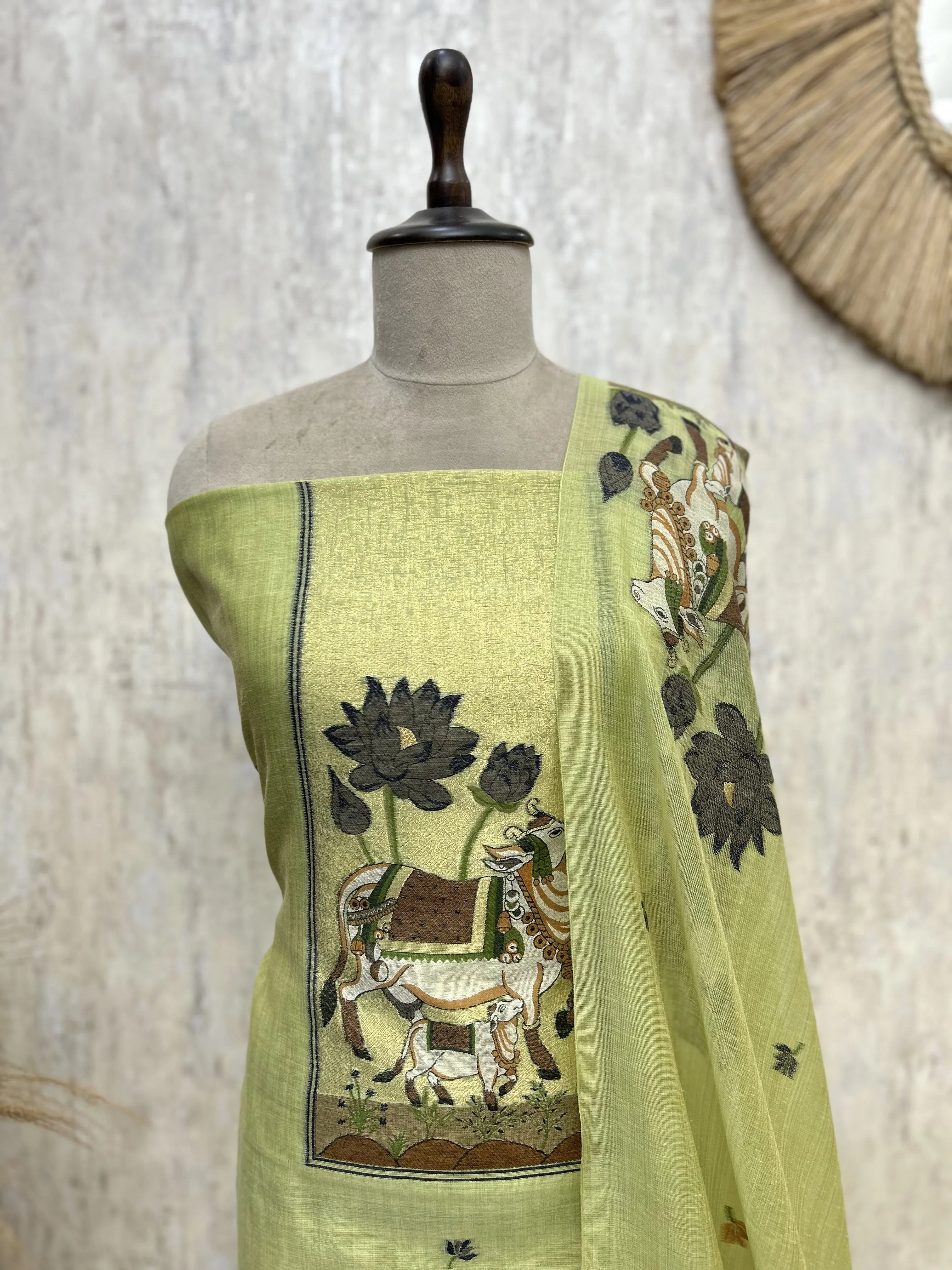 Ethereal Sage Elegance jamdani linen Unstitched Suit