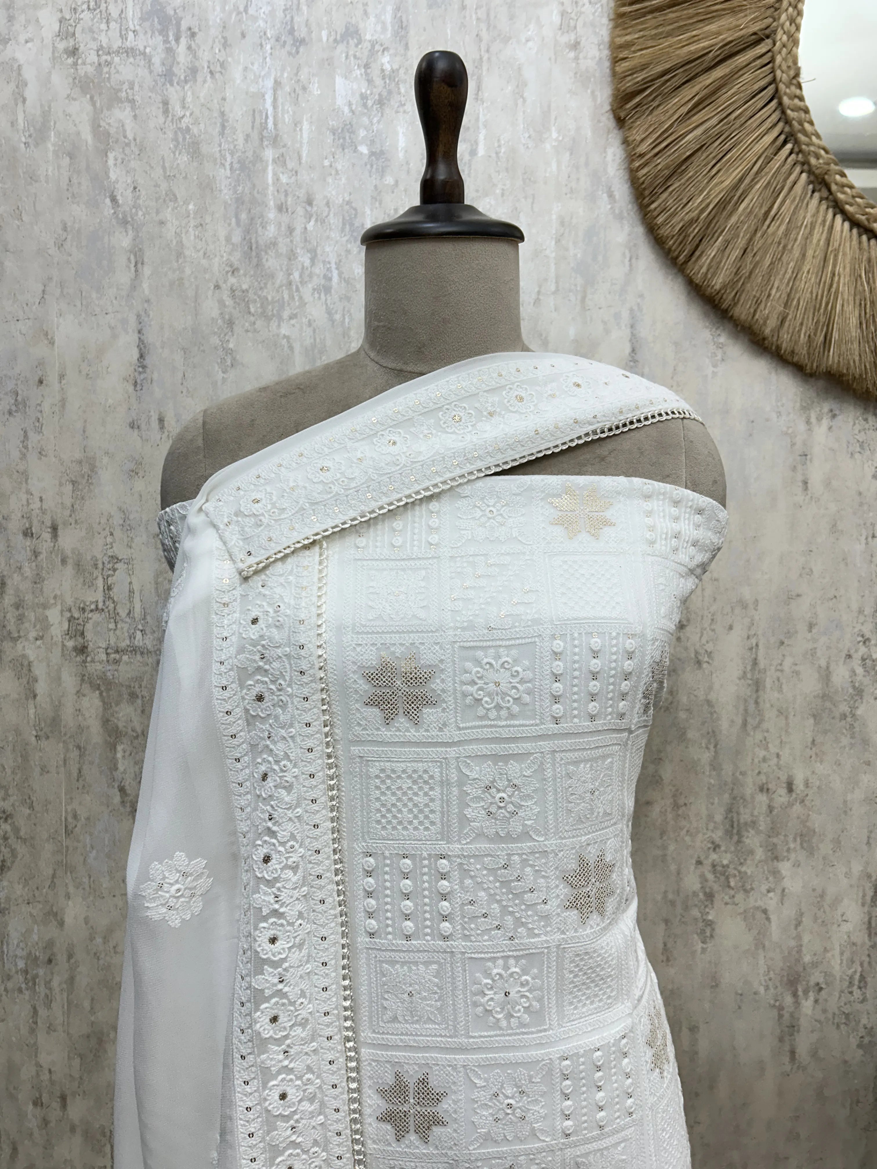 Classic Ivory Panels Georgette Unstitched Suit