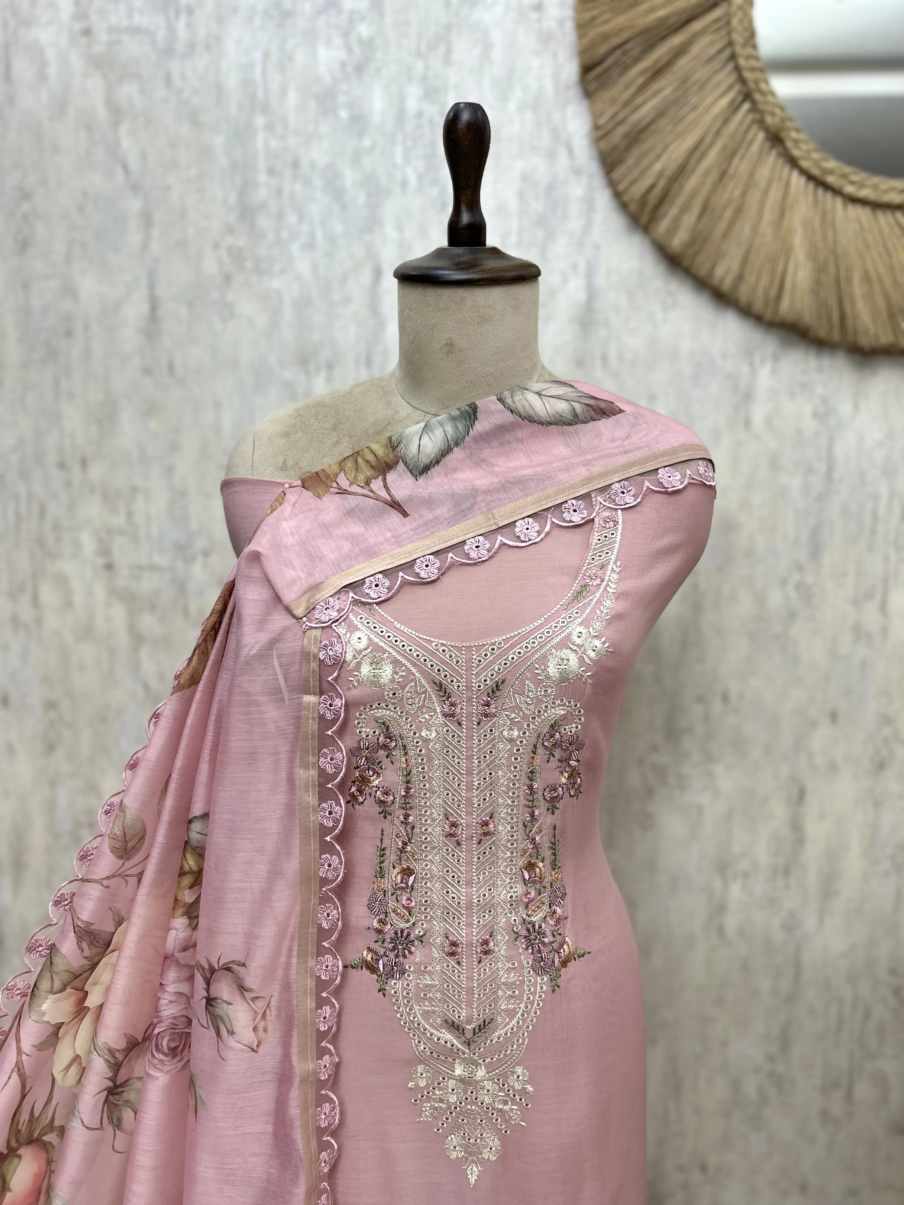 Mul Chanderi Embroidered Unstitched Suit with Floral Printed Dupatta