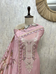 Mul Chanderi Embroidered Unstitched Suit with Floral Printed Dupatta