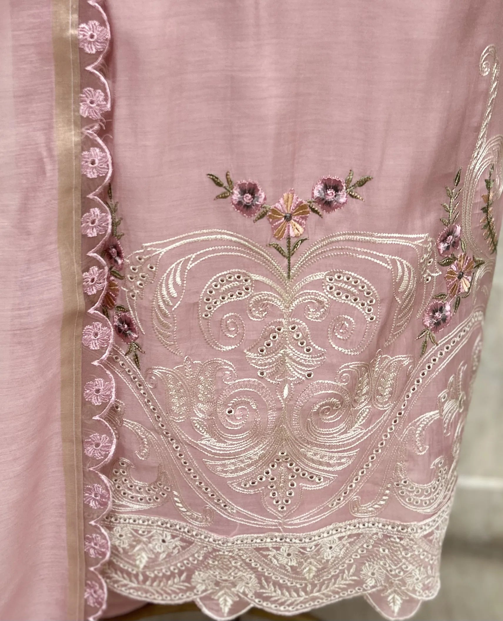 Mul Chanderi Embroidered Unstitched Suit with Floral Printed Dupatta