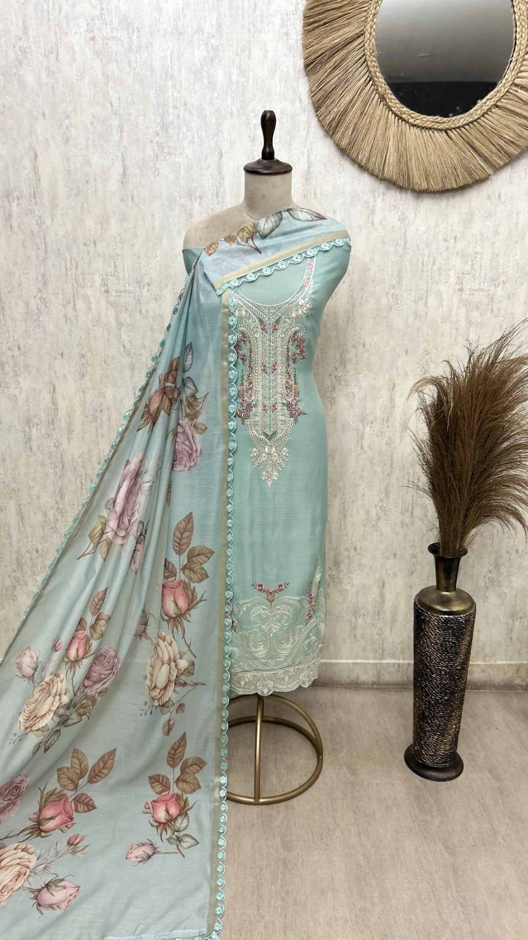 Mul Chanderi Embroidered Unstitched Suit with Floral Printed Dupatta