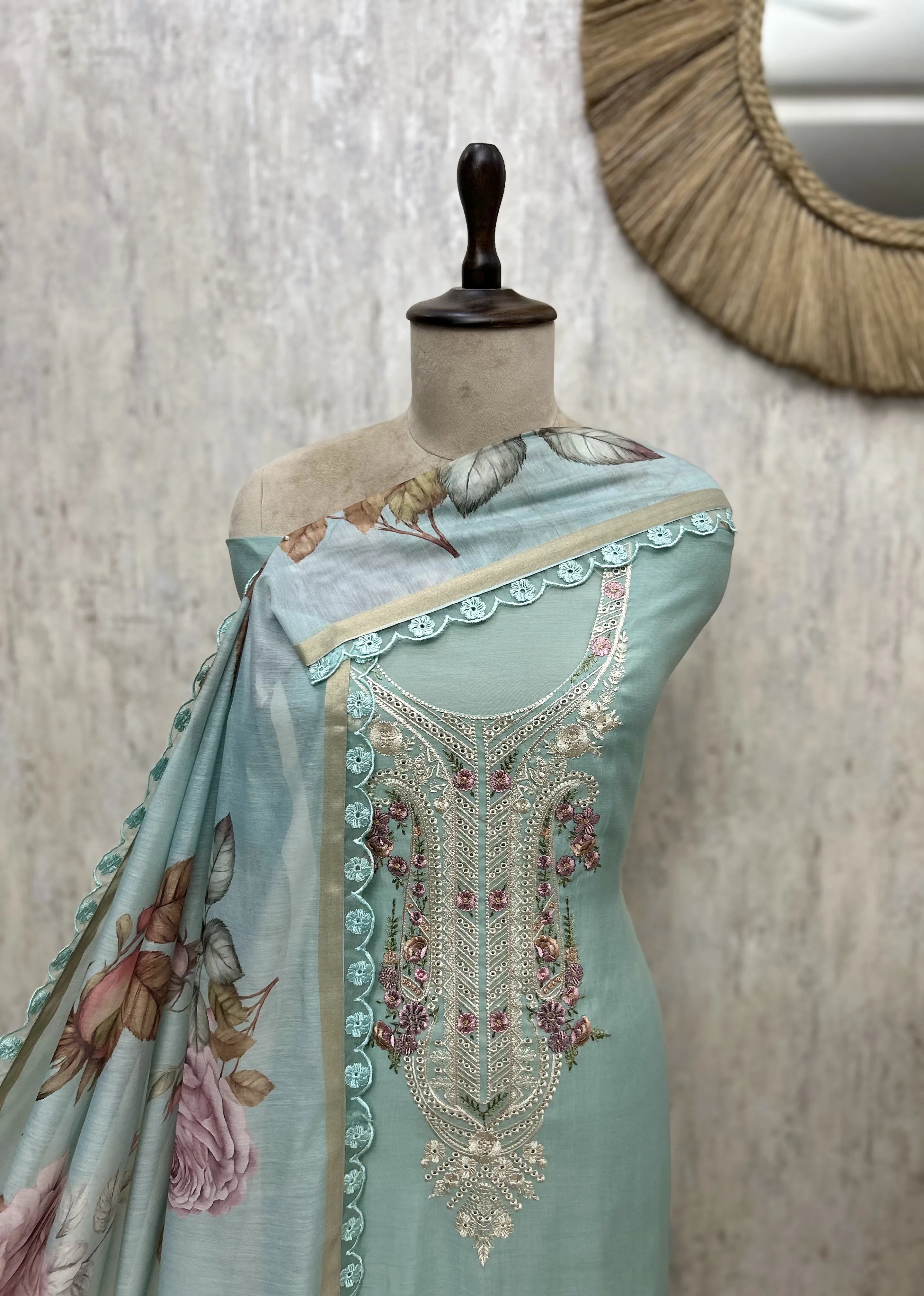 Mul Chanderi Embroidered Unstitched Suit with Floral Printed Dupatta