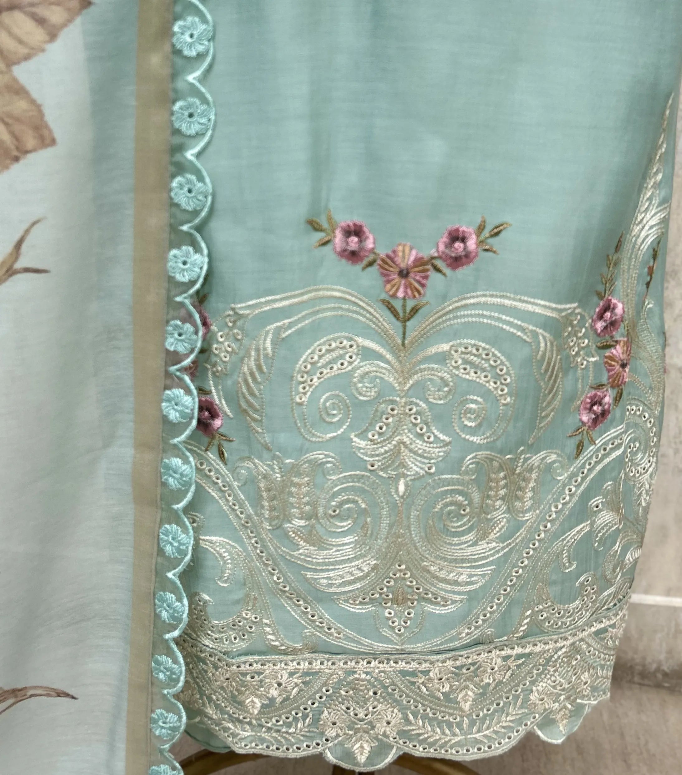 Mul Chanderi Embroidered Unstitched Suit with Floral Printed Dupatta