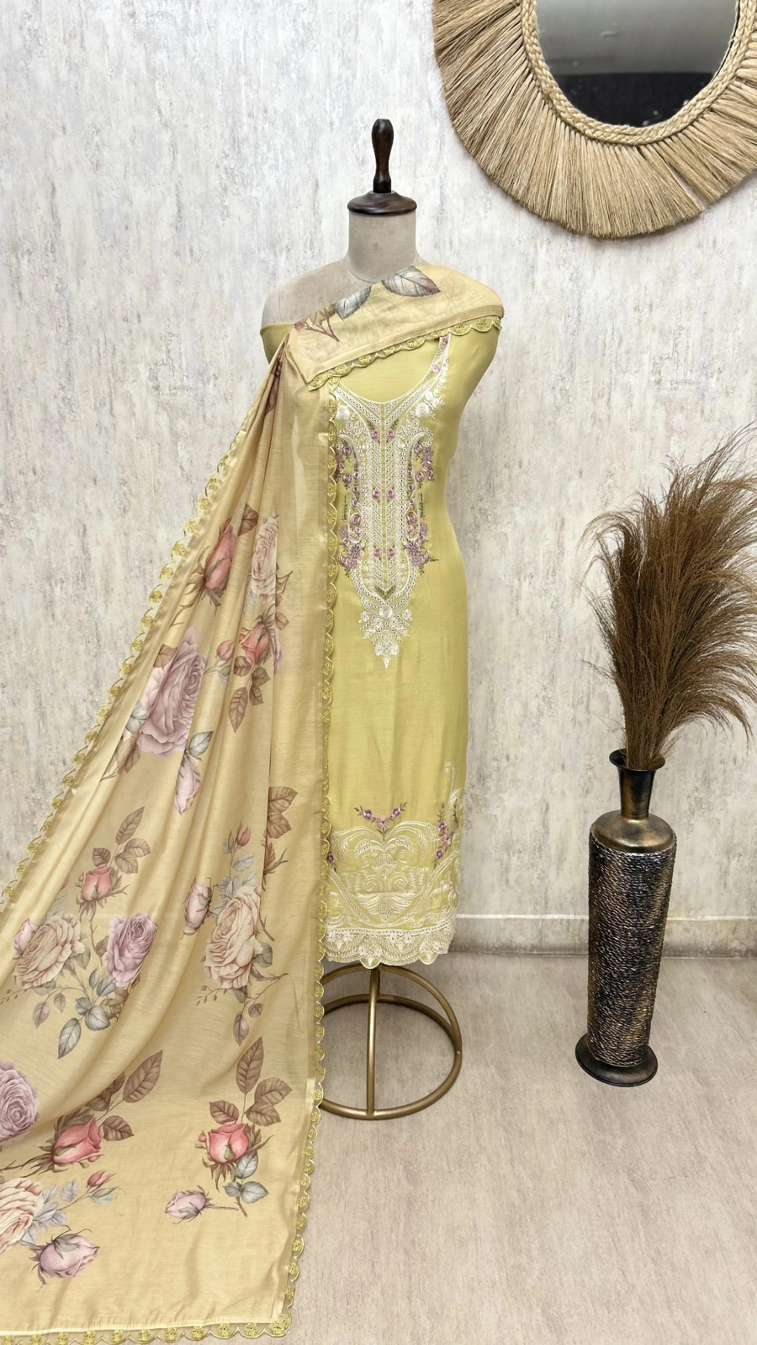 Mul Chanderi Embroidered Unstitched Suit with Floral Printed Dupatta