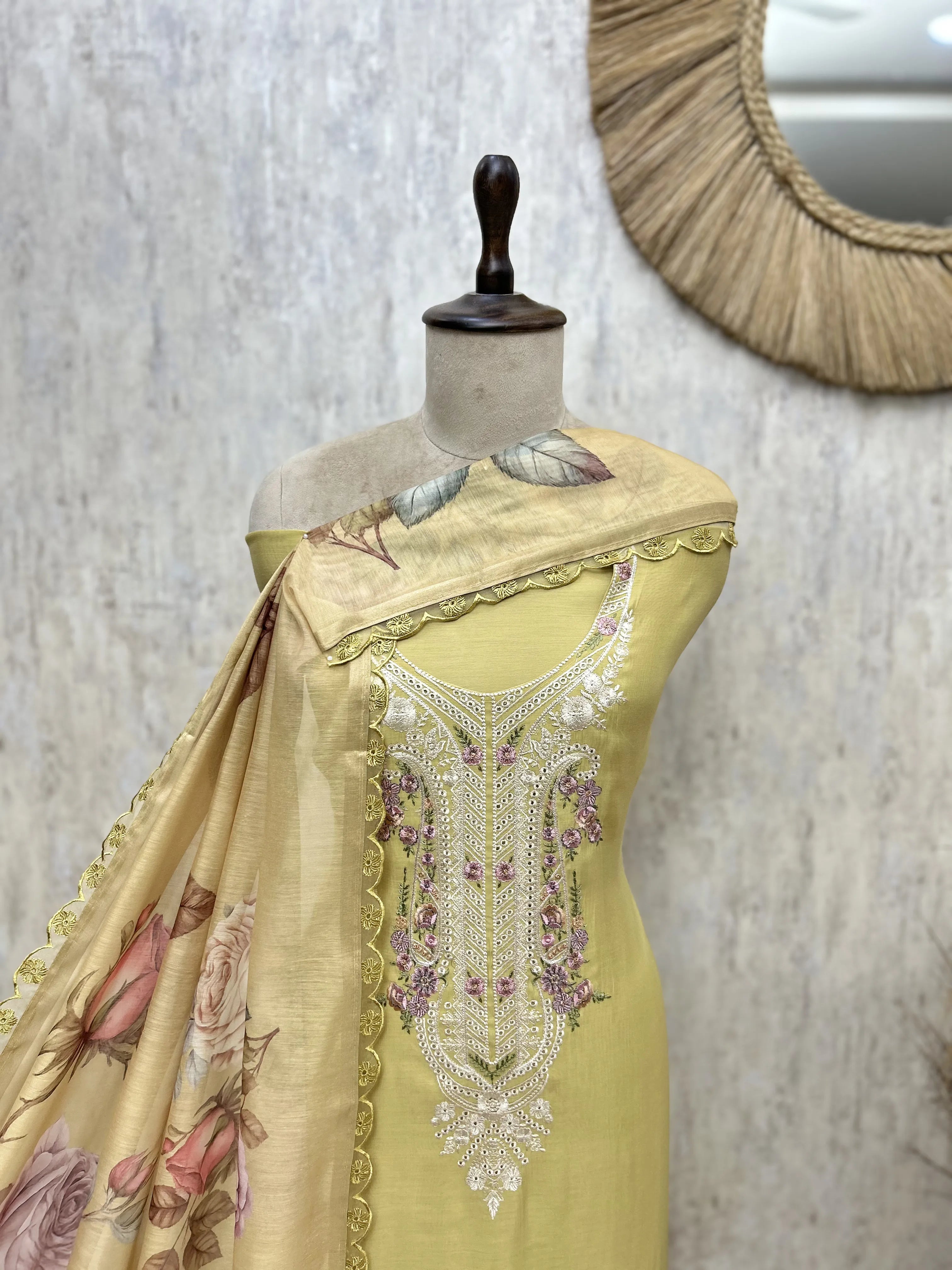 Mul Chanderi Embroidered Unstitched Suit with Floral Printed Dupatta